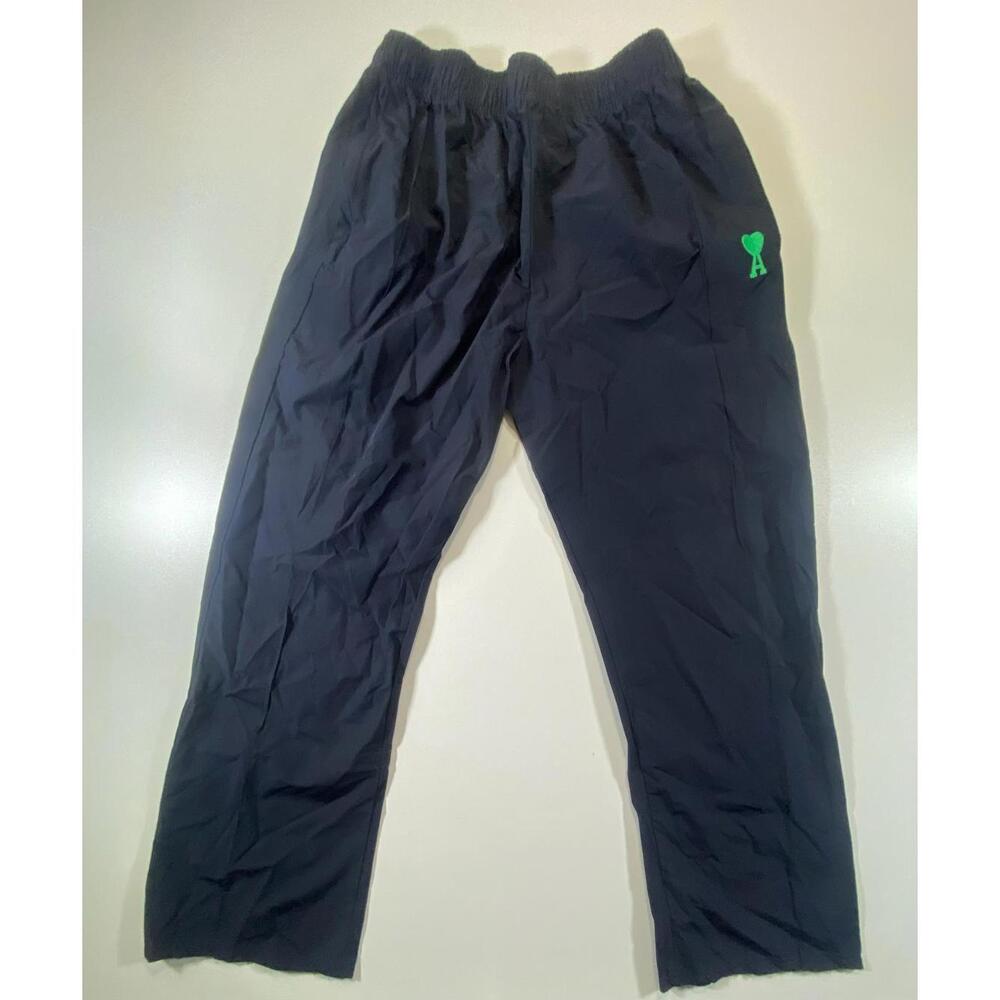 AMI Paris Navy Track Pants with Green Heart Logo